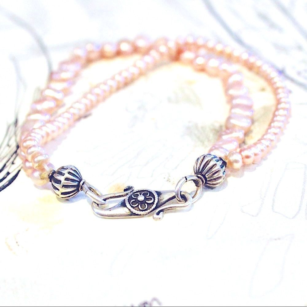 Vintage Pink freshwater pearl double strand bracelet with sterling silver clasp